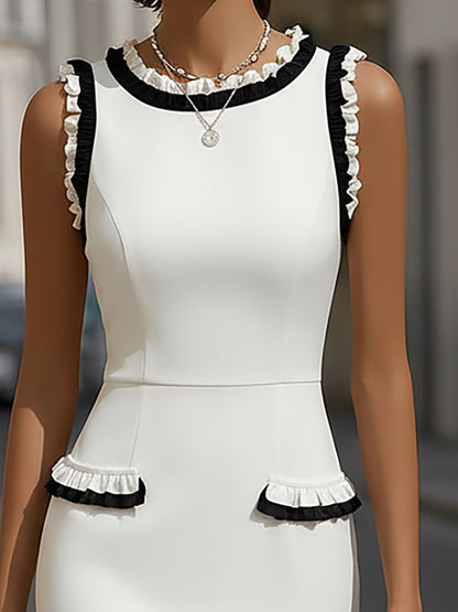White Midi Dress with Elegant Black Ruffle Trim