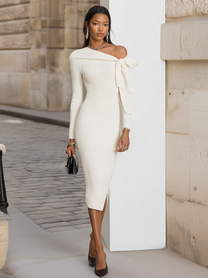 Cream Ribbed Knit Midi Dress One Shoulder Bow Detail